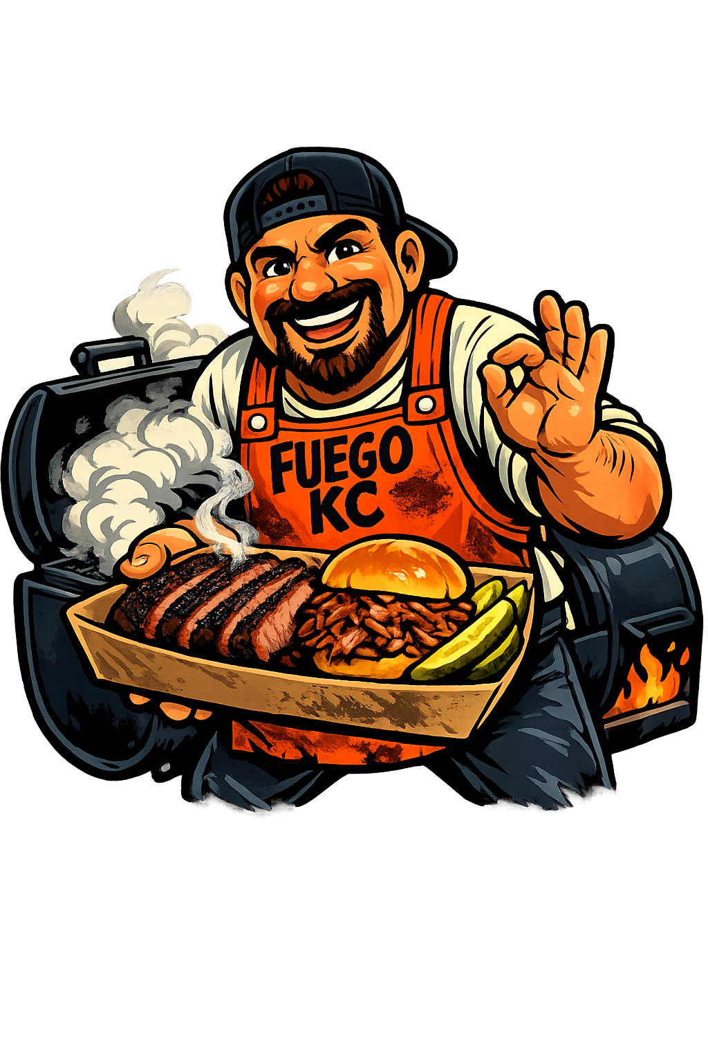 Smokey handing over a tray of smoked brisket, pulled pork sandwich, and pickles